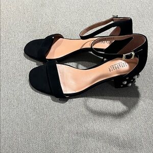 Black Suede Sandals | Pearl Stud Detail | Ankle Tie | Low Heel